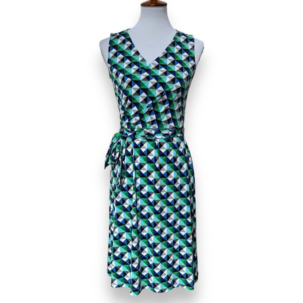 Donna Morgan Womens Wrap Dress Blue Green Geometric Stretch Sleeveless Tie 4